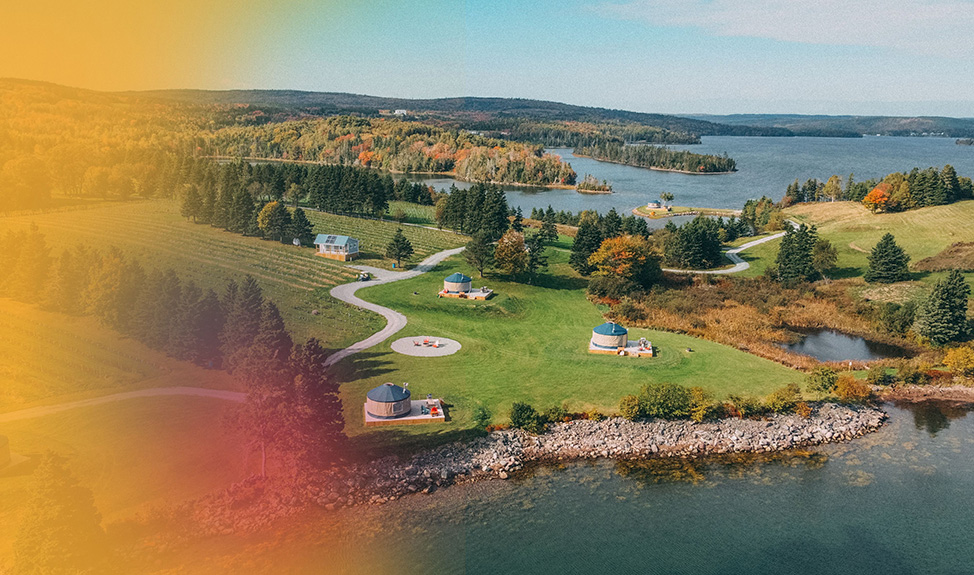 Drone photo of Yurts in the Vineyard Summer Yoga Retreat - Rise and Thrive