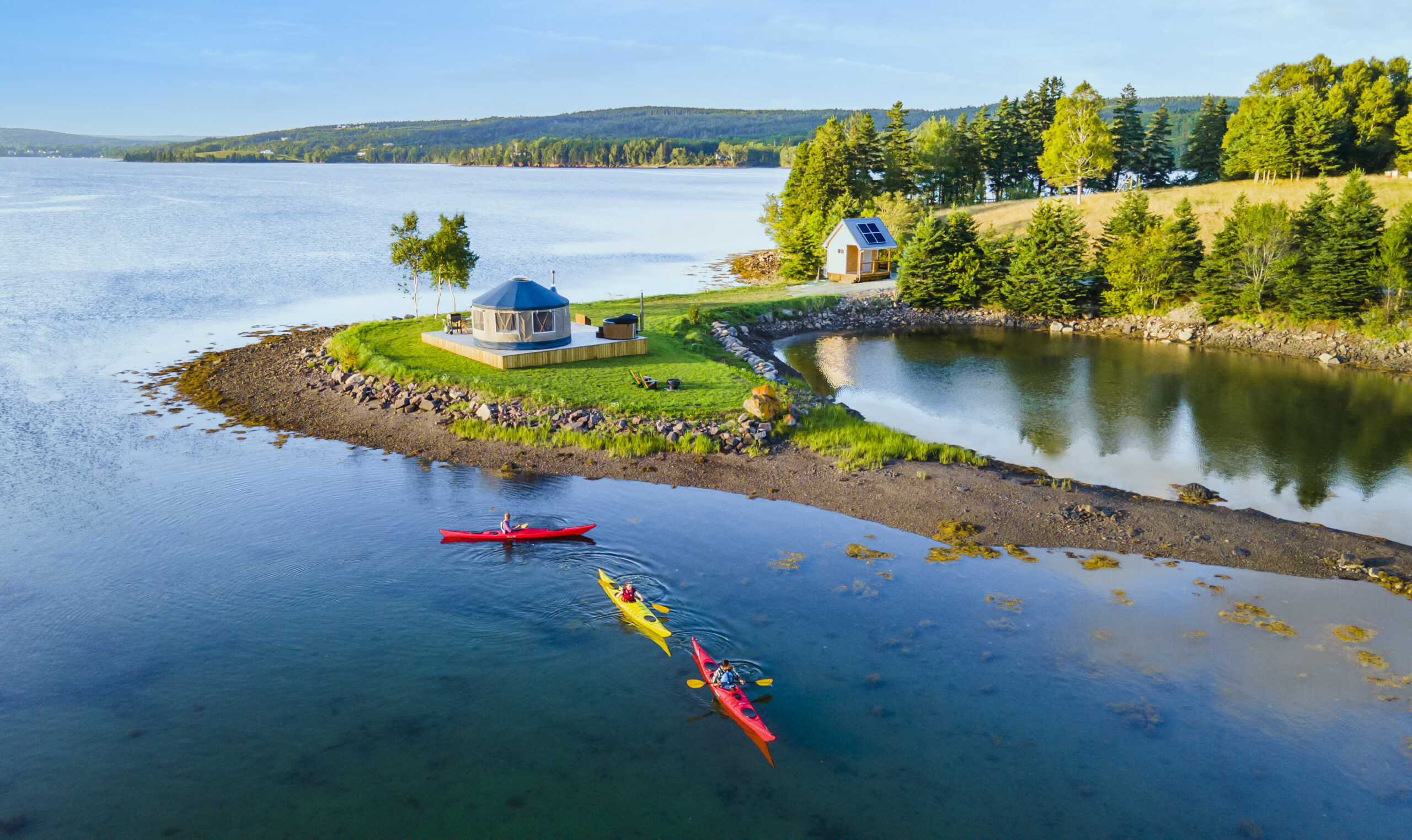 Yurts Aerial Shot of Harbour with Kayaks